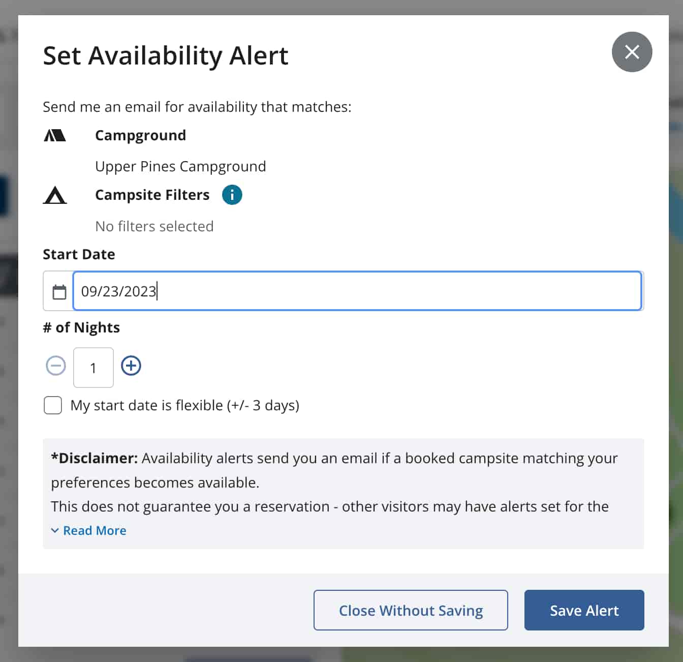 Screenshot of Recreation.gov’s screen to create a new Availability Alert