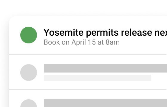 Email inbox containing a list of emails. The first email reads 'Yosemite permits release next week. Book Book on April 15 at 8am'