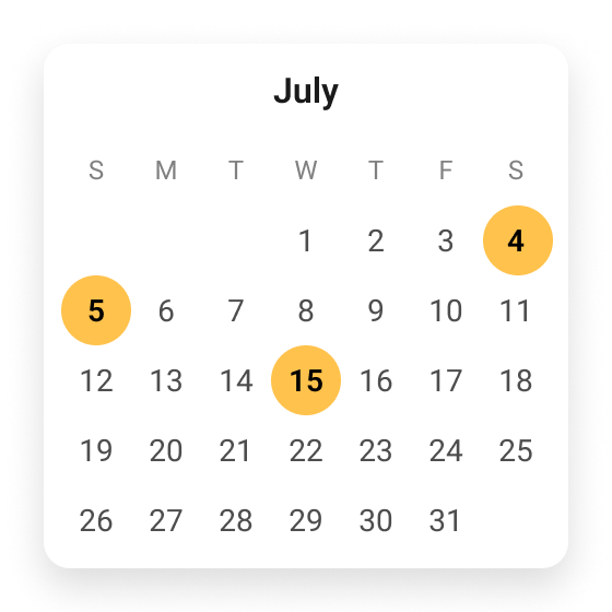 Calendar with 3 dates selected, July 4, July 5, and July 15